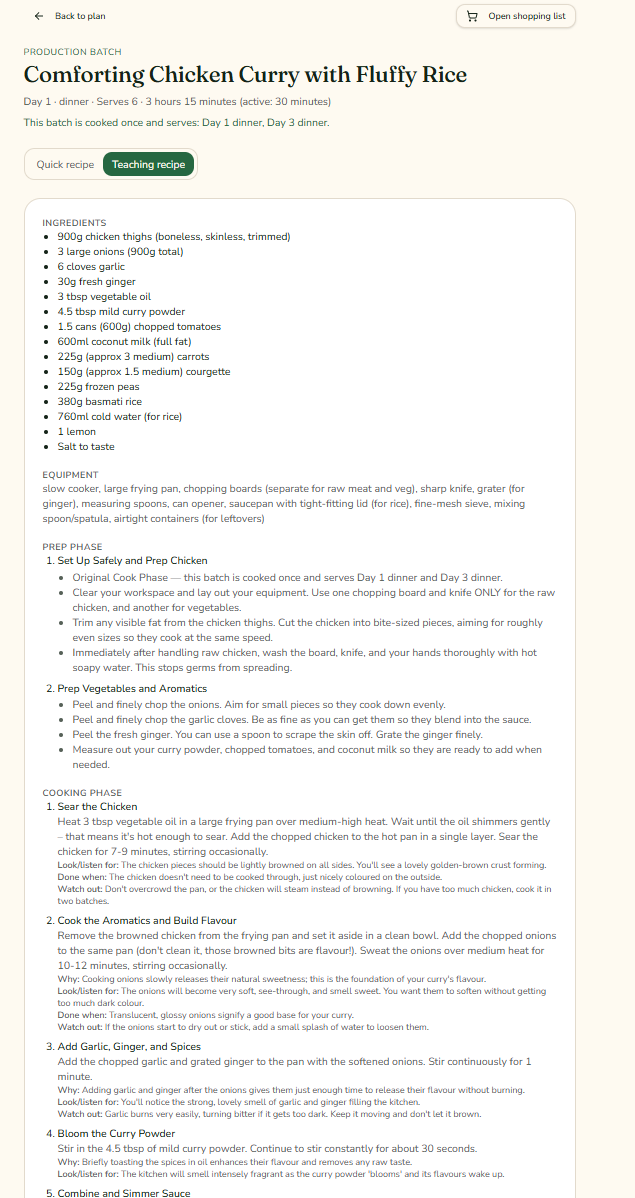 Teaching recipe view of a chicken curry, with ingredients, prep phase and cooking phase steps